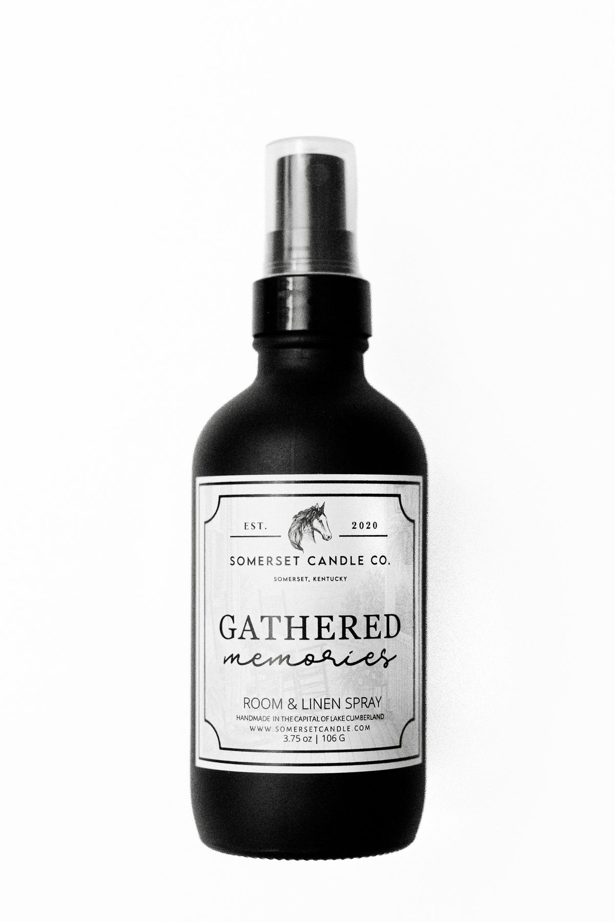 Black Spray bottle with Gathered Memories label in white