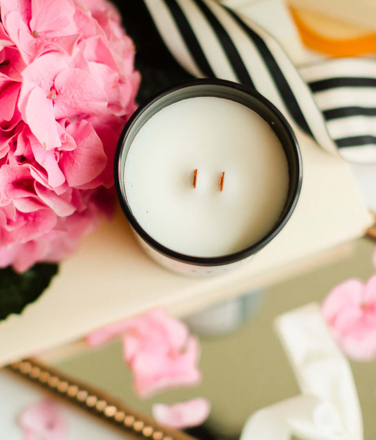 Pink Flower Mother's Day Double Wooden Wick Candle Black vessel