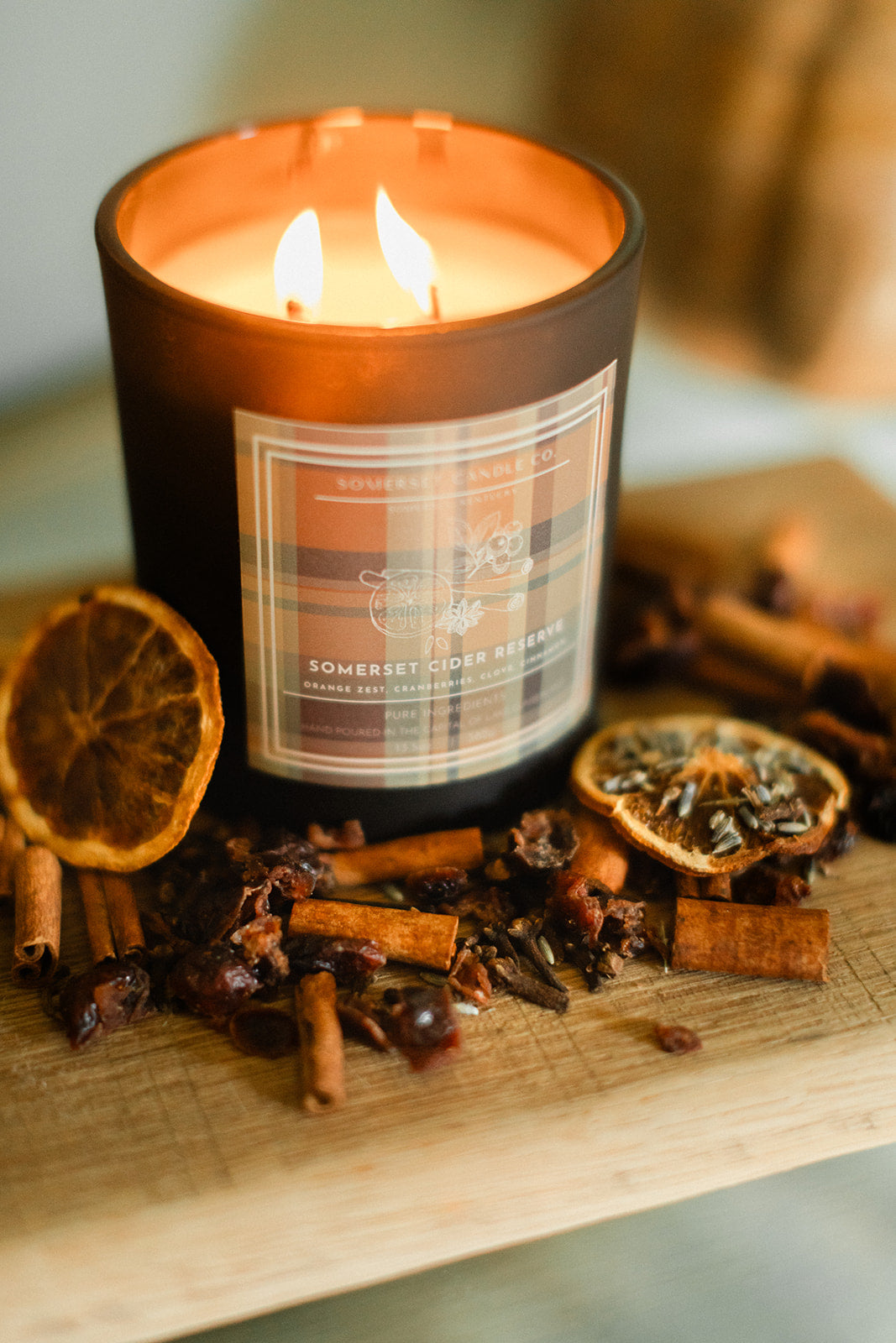 Somerset Cider Luxury Wooden Wick Candle Aesthetic on Wooden Board