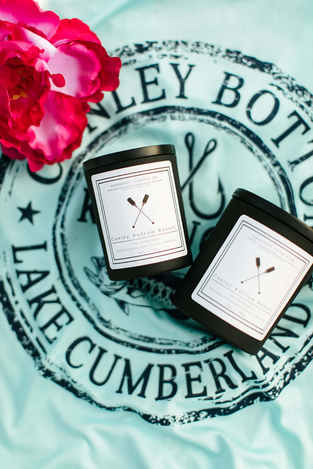 Conley Bottom Resort Black Crackling Wooden Wick Candles and Shirt